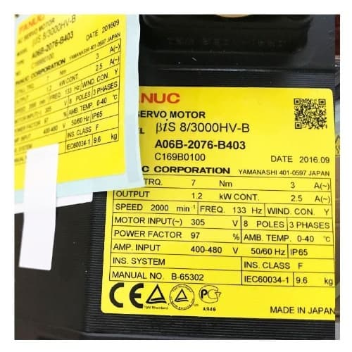 Fanuc A06B-2076-B403 AC Động cơ servo: AC SERVO MDL BiS 8/3000HV Fanuc A06B-2076-B403 AC Động cơ servo: AC SERVO MDL BiS 8/3000HV