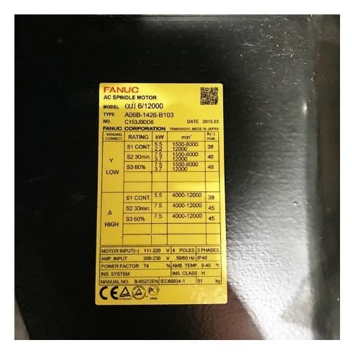 Fanuc A06B-1426-B103: AC SPNDL MOTOR MDL Ai 6/12 Fanuc A06B-1426-B103: AC SPNDL MOTOR MDL Ai 6/12